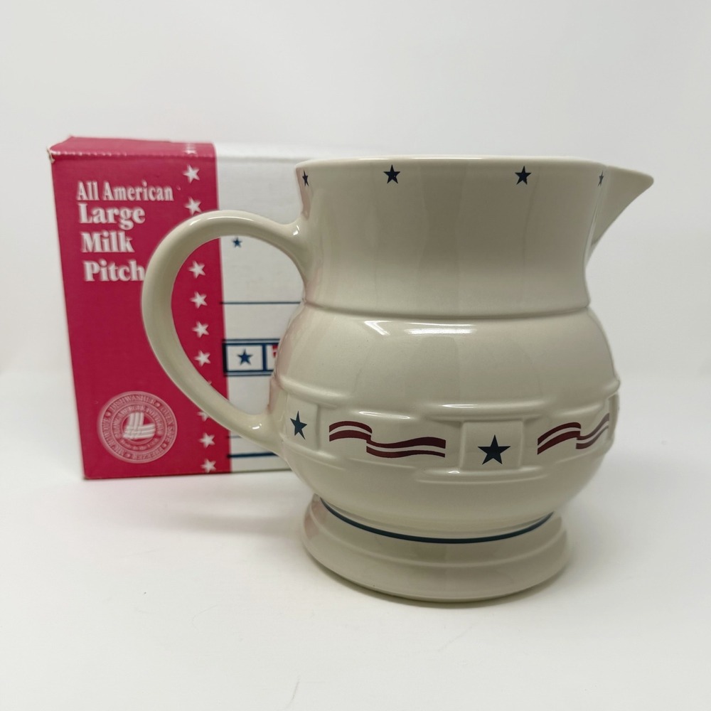 Longaberger All American 2 Qt Milk Pitcher Stars Stripes USA Pottery Box